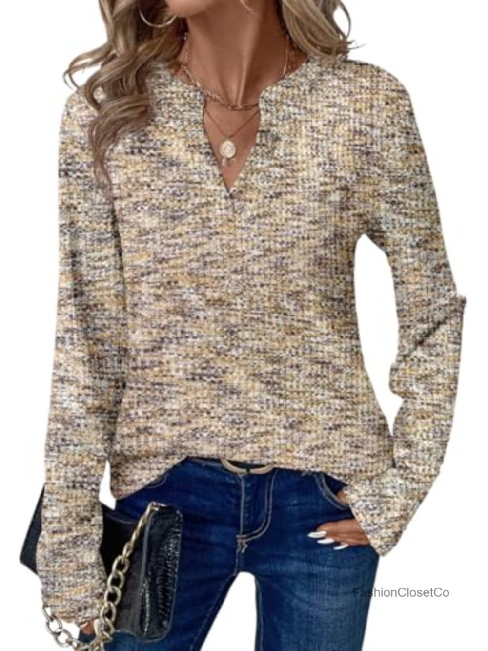 Women's V-Neck Long Sleeve Waffle Knit Pullover Sweater